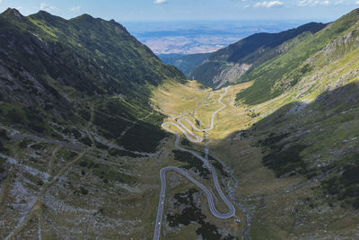 High angle view of mountain range. aerial landscape over transfagarasan mountain road