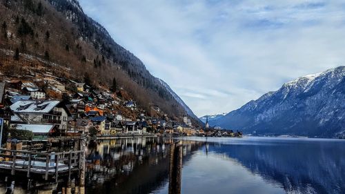 Scenic view of lake by buildings against sky