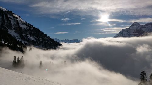 Scenic view of snowcapped mountains against sky
