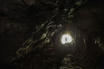 Rear view of person standing in cave