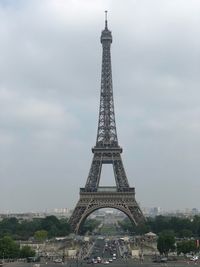 Eiffel tower against cloudy sky