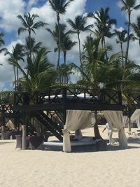 Palm trees against cloudy sky