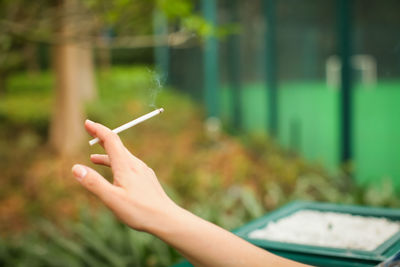 Cropped image of hand holding smoking cigarette