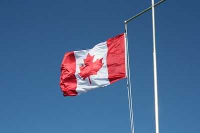 Low angle view of canadian flag against clear blue sky