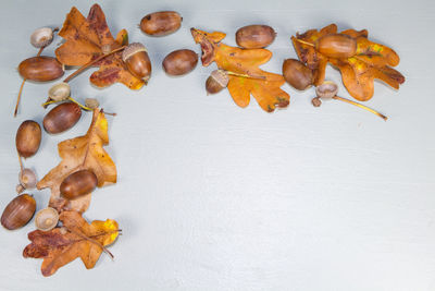 High angle view of autumn leaves on table