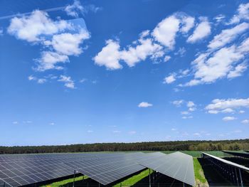 Solar power panels on green grass and blue sky