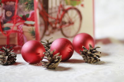 Close-up of christmas decorations on table