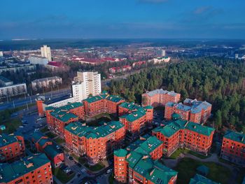 High angle view of townscape against sky in city