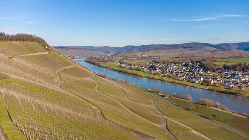 Aerial view of the river moselle valley with vineyards and the villages brauneberg and muelheim