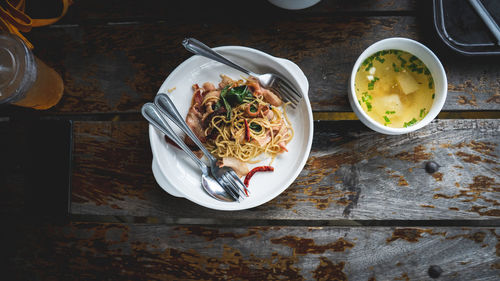 Directly above shot of noodles served on table