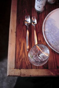 High angle view of beer on table