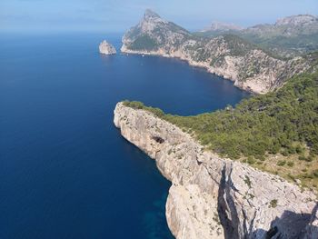 High angle view of rocks by sea against sky