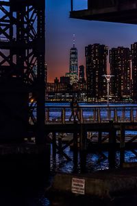 View of city lit up at night