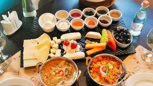 High angle view of breakfast on table