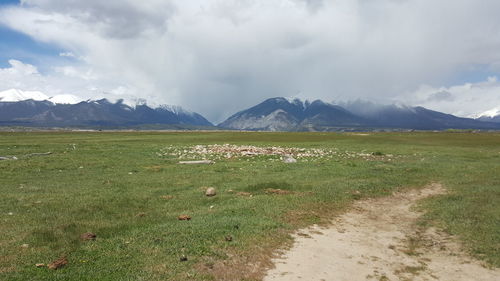 Scenic view of landscape against cloudy sky