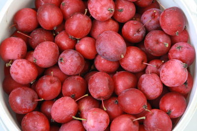 High angle view of strawberries in bowl