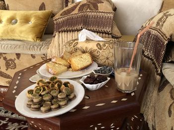 High angle view of breakfast on table