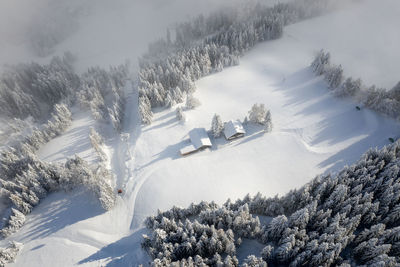 Aerial panoramic view of winter wonderland in the gastein valley, salzburg, austria.