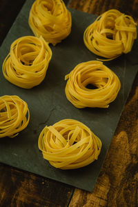 High angle view of yellow food on table