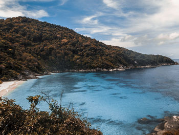 Scenic view of sea and mountains against sky