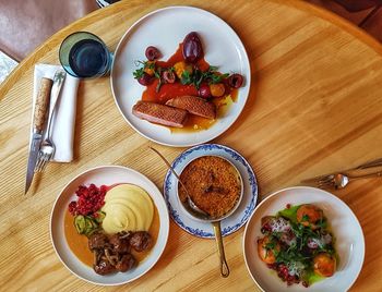 High angle view of breakfast served on table