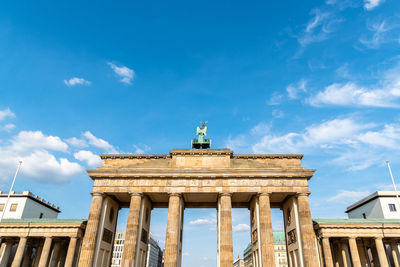 Low angle view of the brandenburg gate in berlin at evening, germany