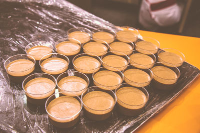 High angle view of tea cups served in tray