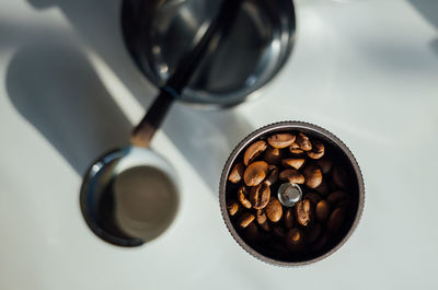 High angle view of coffee beans on table