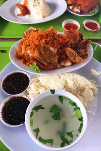 High angle view of food in plate on table