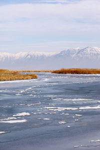 Scenic view of frozen lake against sky