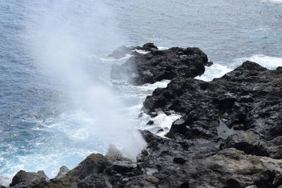 Waves splashing on rocks at shore