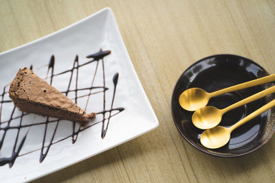 High angle view of dessert in plate on table