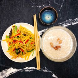 High angle view of meal served on table