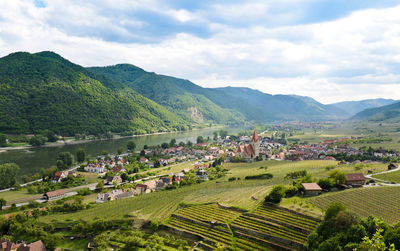 High angle view of agricultural field against sky