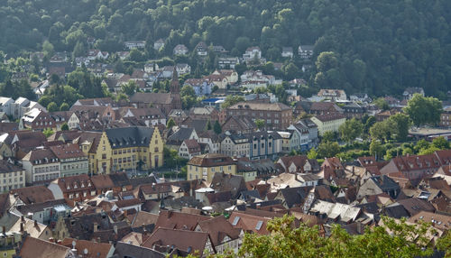 High angle view of buildings in town