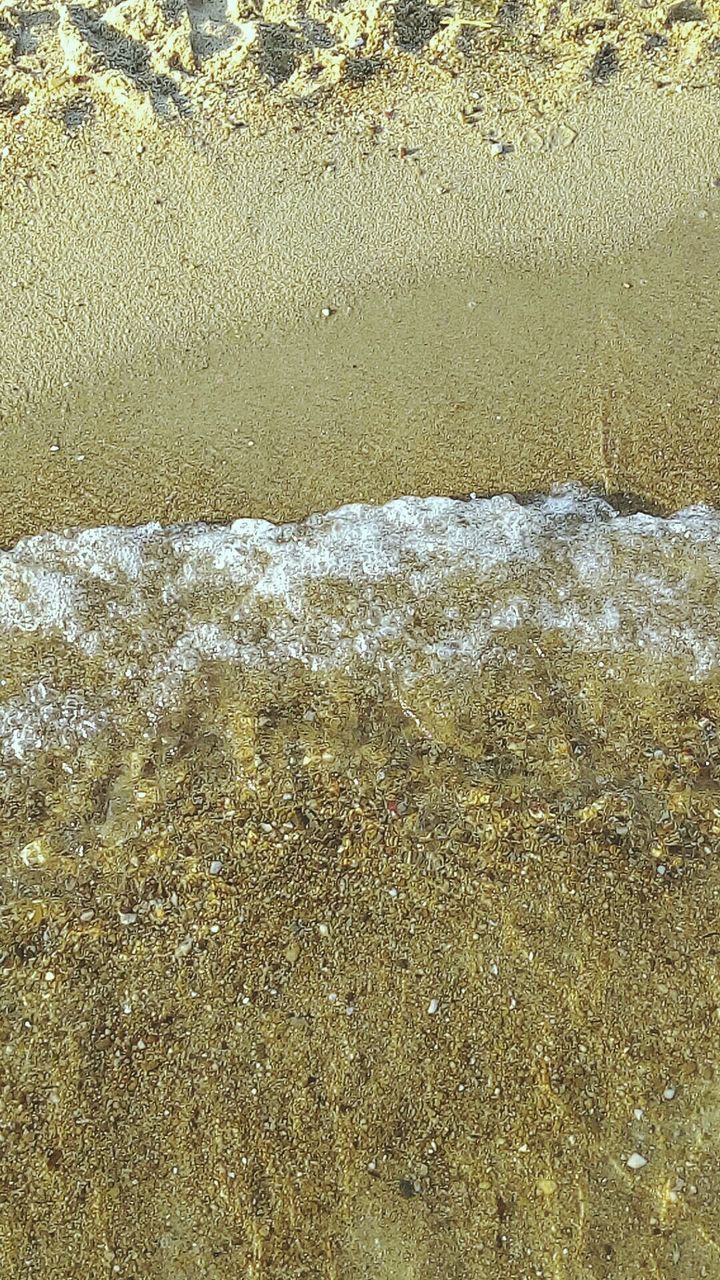 beach, sand, shore, water, high angle view, full frame, textured, backgrounds, footprint, sea, nature, day, no people, outdoors, surf, wet, sunlight, pattern, wave, stone - object