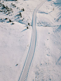 High angle view of snow covered field