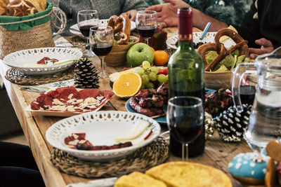 High angle view of various food on table