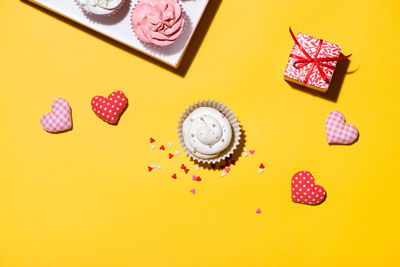 High angle view of cupcakes on table
