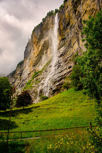 Scenic view of waterfall against sky