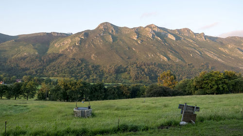 Scenic view of field and mountains against sky