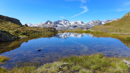 Scenic view of lake and mountains against blue sky