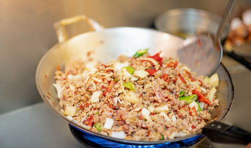 High angle view of chopped vegetables in bowl on table