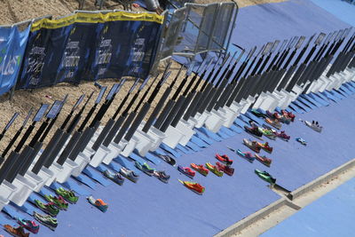 High angle view of umbrellas on building