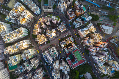 High angle view of illuminated buildings in city