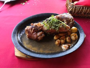High angle view of food in plate on table