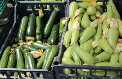 High angle view of vegetables for sale at market stall