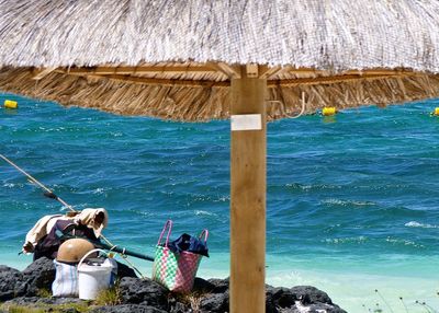 Thatched roof parasol at beach