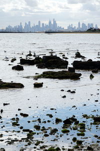 Scenic view of sea by city against sky