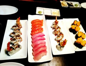 High angle view of served food in plate